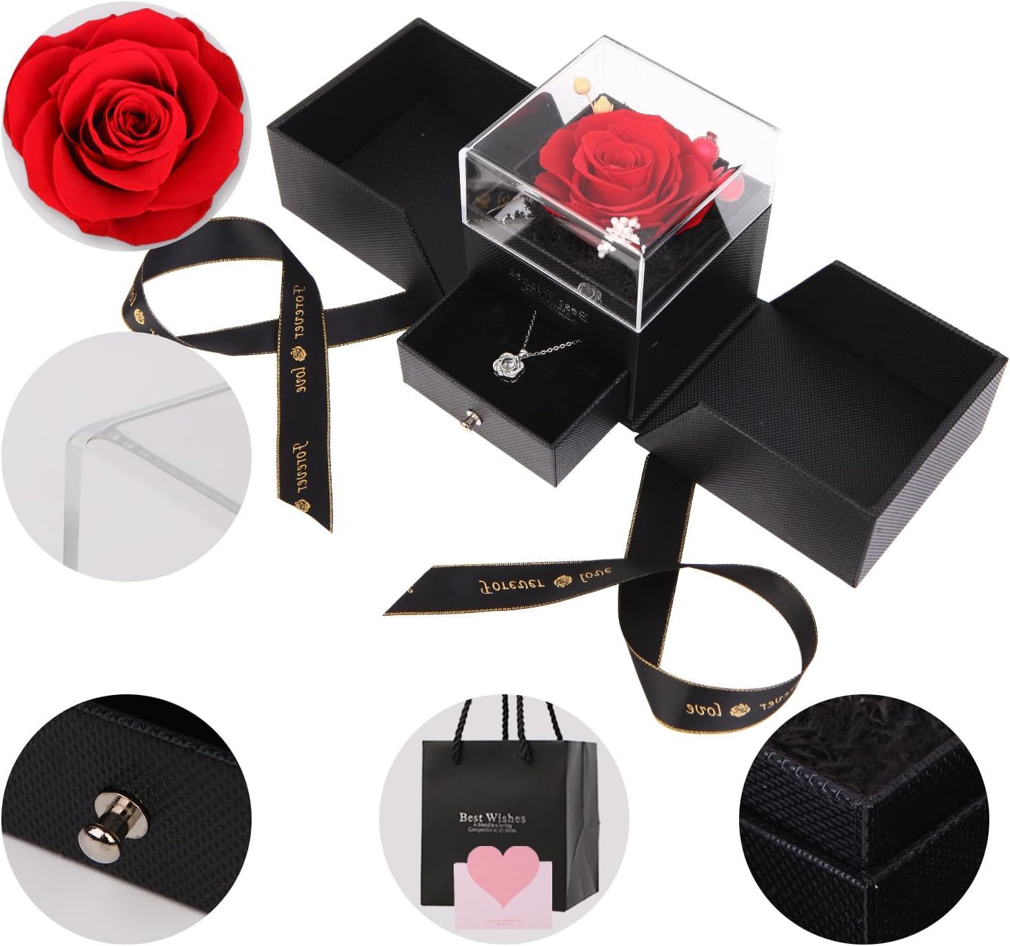 handmade bohemian style acrylic jewelry gift box with   red rose double door storage for necklaces rings drawer organizer black fabric lined interior ribbon bow valentines day anniversary mothers day gift for women moms   jewelry box keepsake organizer elegant   decorative   jewelry boxes Product details 3