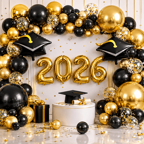2026 graduation balloons decorations black and golden graduation party supplies with foil number balloons graduation cap balloons latex balloons confetti balloons ribbon dot and decorative strip for class of 2026 party