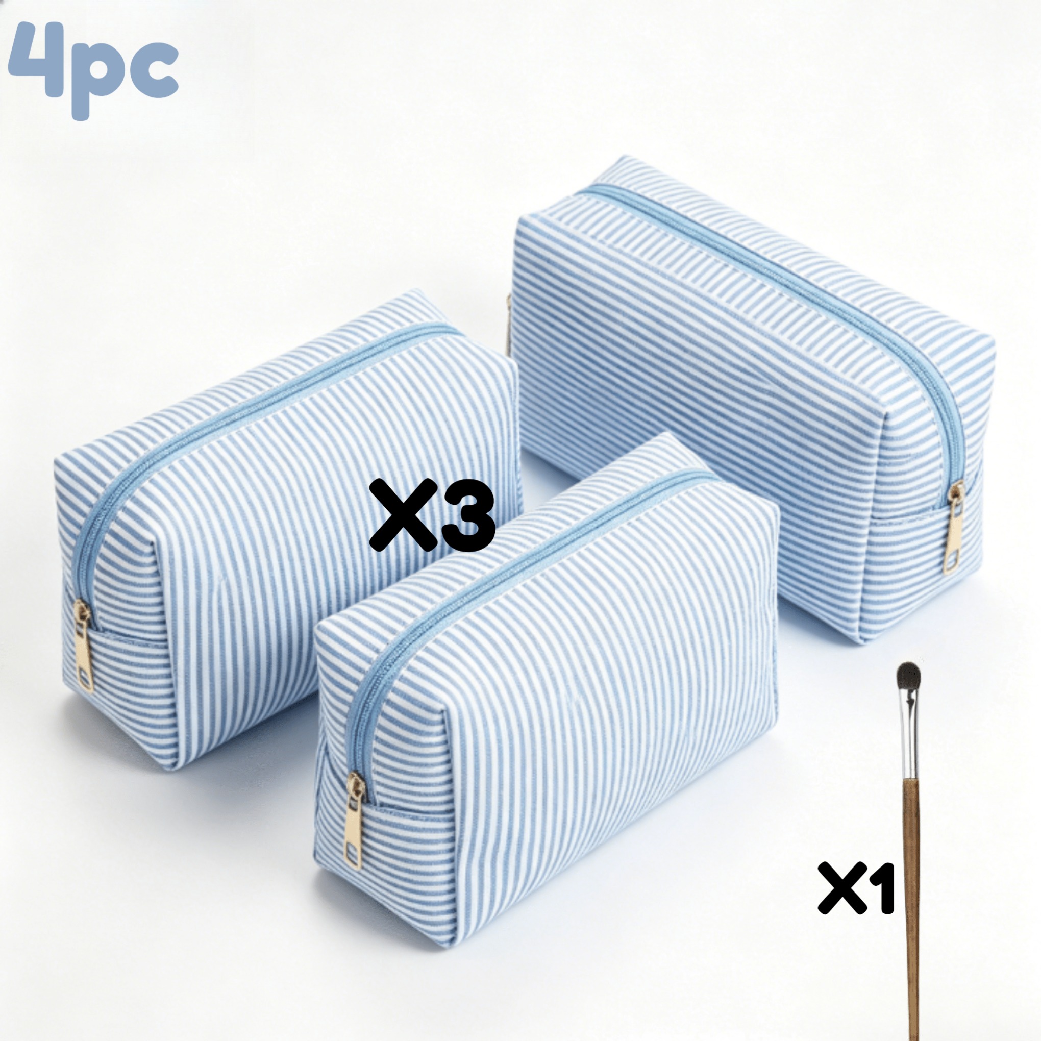 TEMU Juego de 4 neceseres de maquillaje (3 neceseres más 1 brocha) estilo universitario a rayas, diseño elegante y de moda, prácticos para viajes y