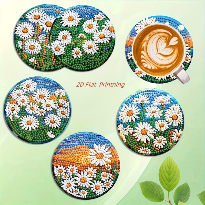 TEMU 6pcs 6pcs Diy Mosaic Drink Coasters Suitable & Dining Table Decor, Wood & Acrylic Round Heat-resistant Coaster Pads With Floral Field Patterns,