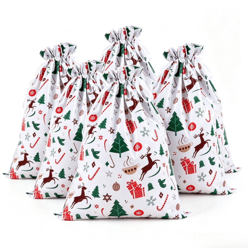 TEMU 5pcs Large Christmas Sacks Reusable Foil Drawstring Wrap Present Gifts Party Bags, Big Gift Bags Christmas Gift Ideas, Holiday Presents, Festive