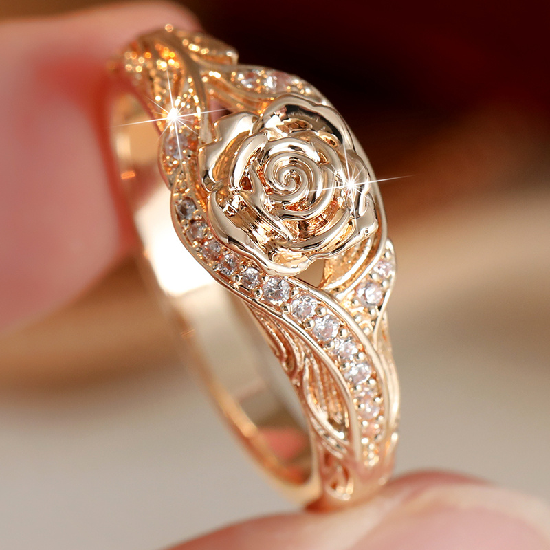 3D Carved Rose Vine Ring Set with Plating & Synthetic Zirconia