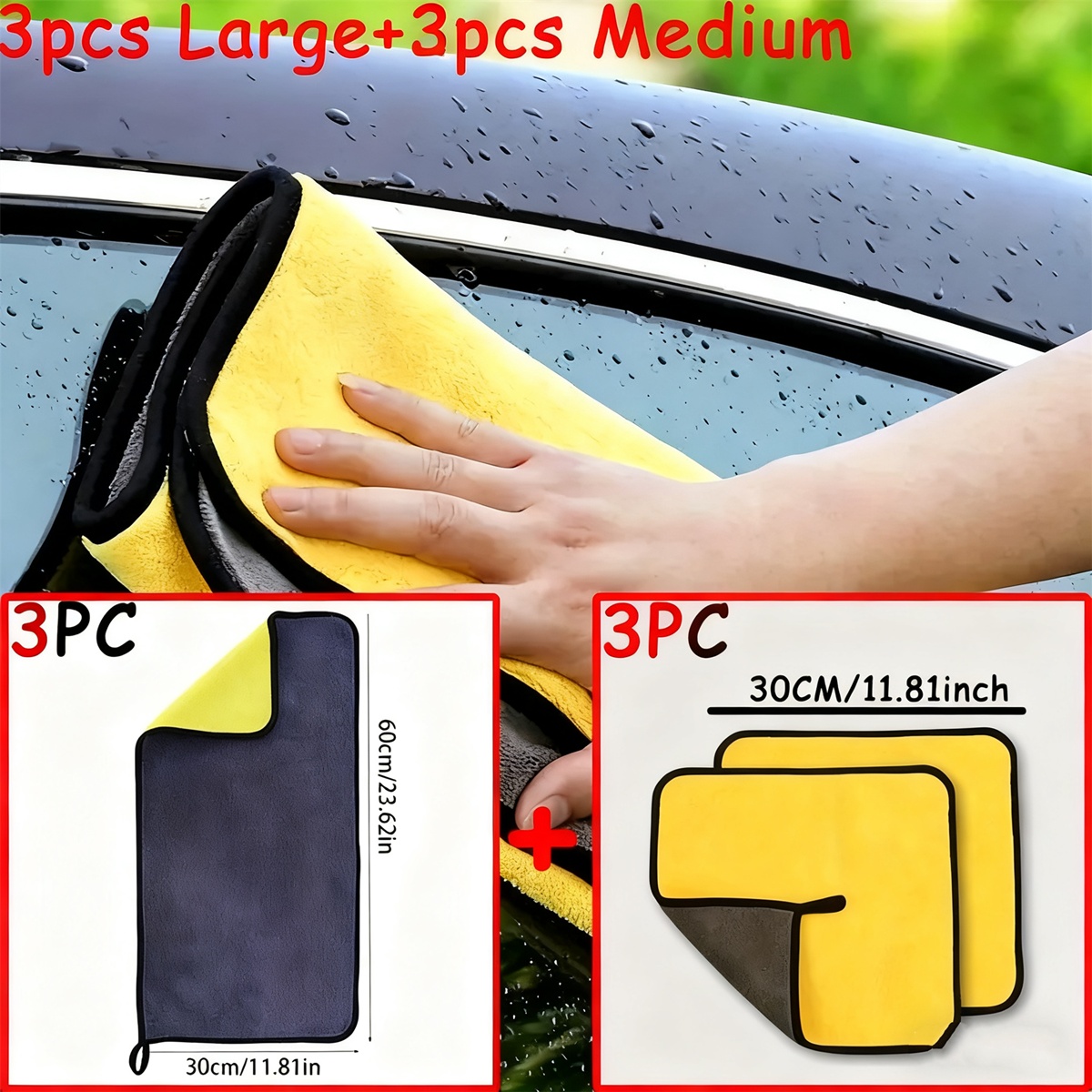 TEMU 6pcs Thickened Microfiber Car Washing Cloths - Large And Small Combination Set, Super Absorbent Towels, Yellow And , Perfect For Car Glass,