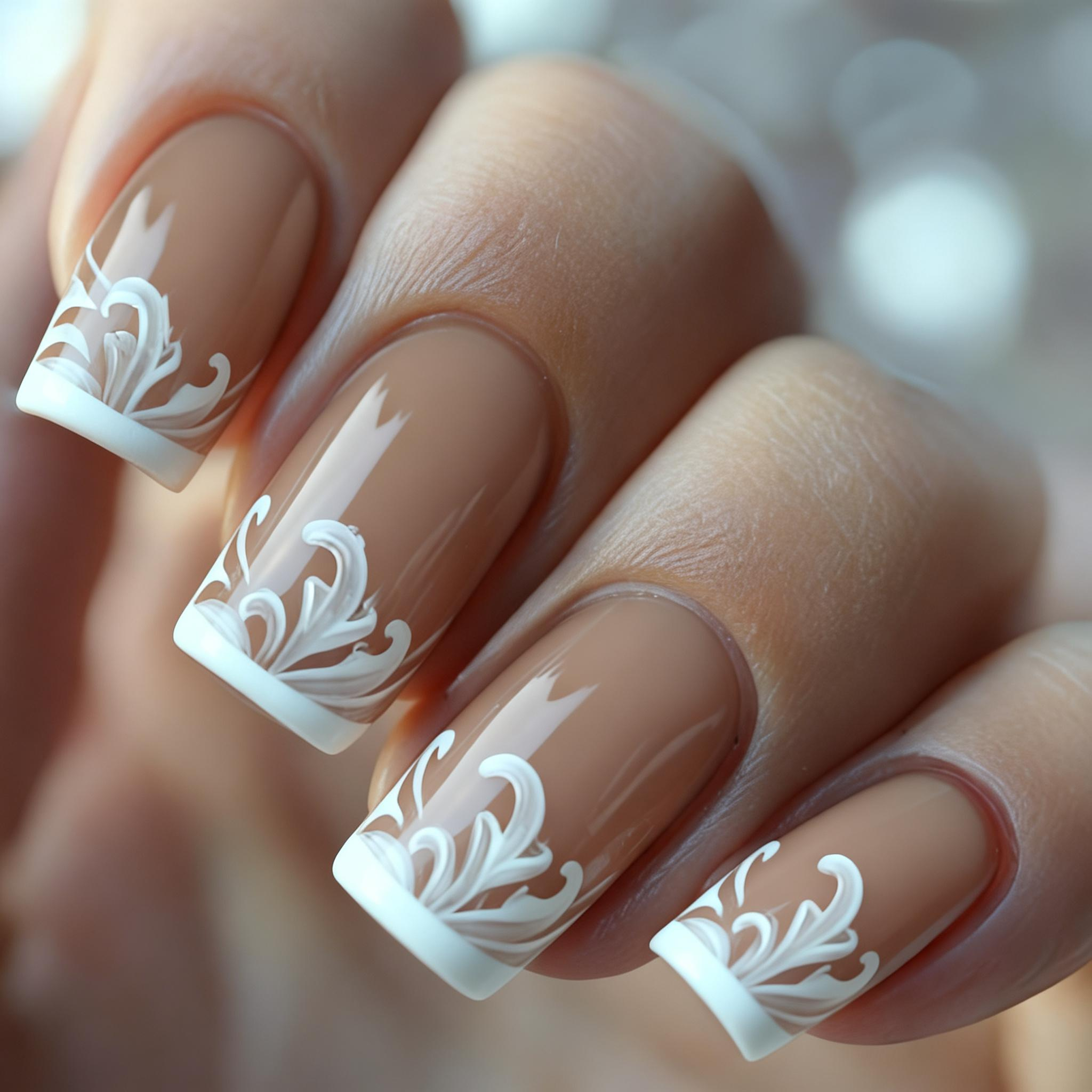 TEMU 24pcs Mid-length European Square French - Floral Nail Art Removable False Nails Nude- Nails Women's Nails Easy Fashionable Nail Art
