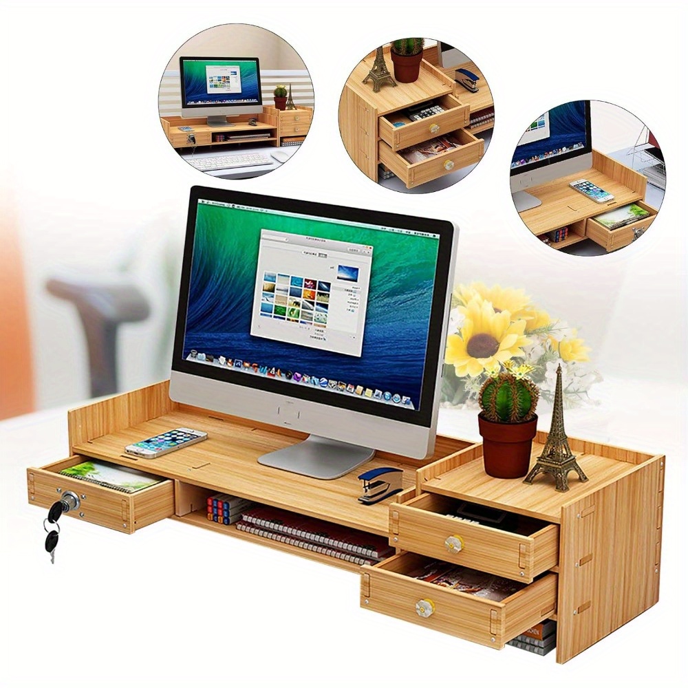 TEMU Wooden Desk Organizer With Lock - Multi-compartment Computer Workstation Storage, 65.5x20x13.5cm, Home Office Or Organization, Desk Accessories