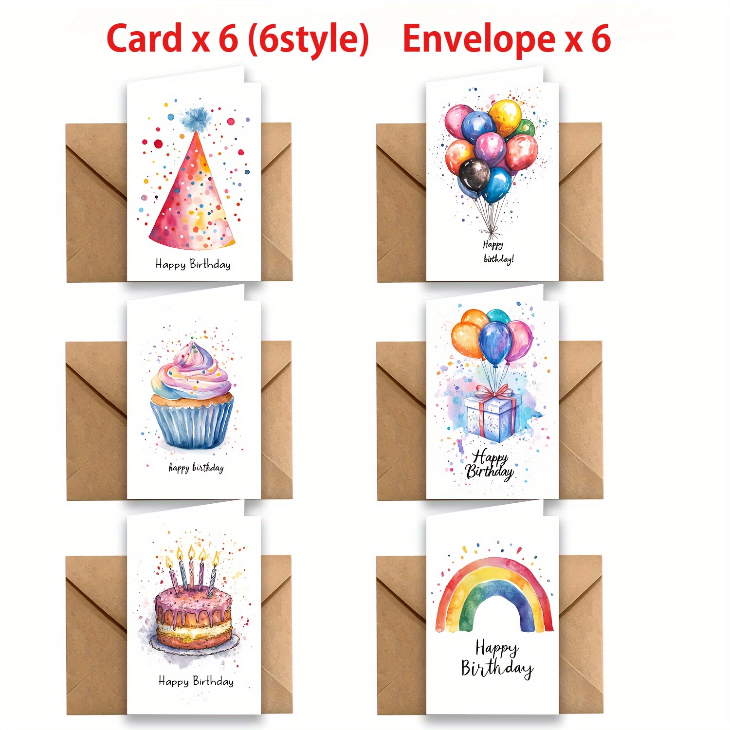 Image of 6pcs Greeting Cards And Envelopes (12pcs/set) Birthday Card And Envelope Set - Soft And Vibrant Colors (pink, Blue, Yellow, Green, Purple, Balloons, Cupcakes, Rainbow