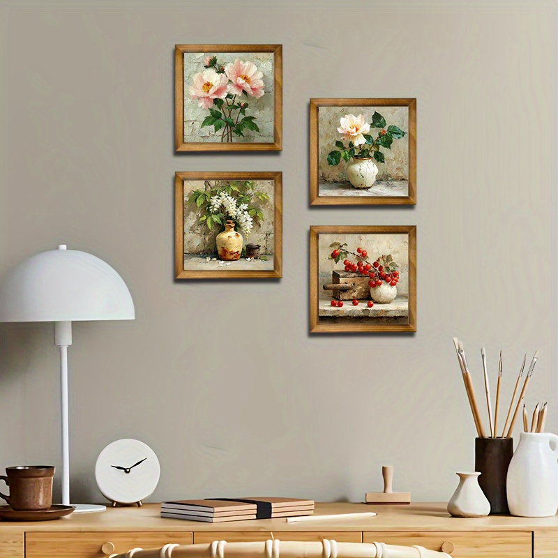 TEMU Cornice Fiori in Legno 2D Piatta, Set da 4 Pezzi 20cm X 20cm, Decorazione Murale Stile - Per Casa, Caff癡, Ufficio, Giardino - Insegna Fiori in