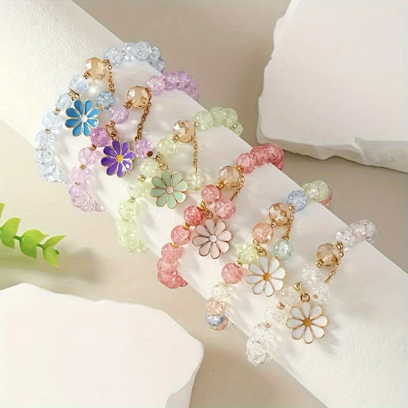 TEMU 6-pack Bohemian Lily Glass Bead Bracelet, Cute Bohemian Style Jewelry For Daily And Party Occasions, Suitable For , No Holiday Theme