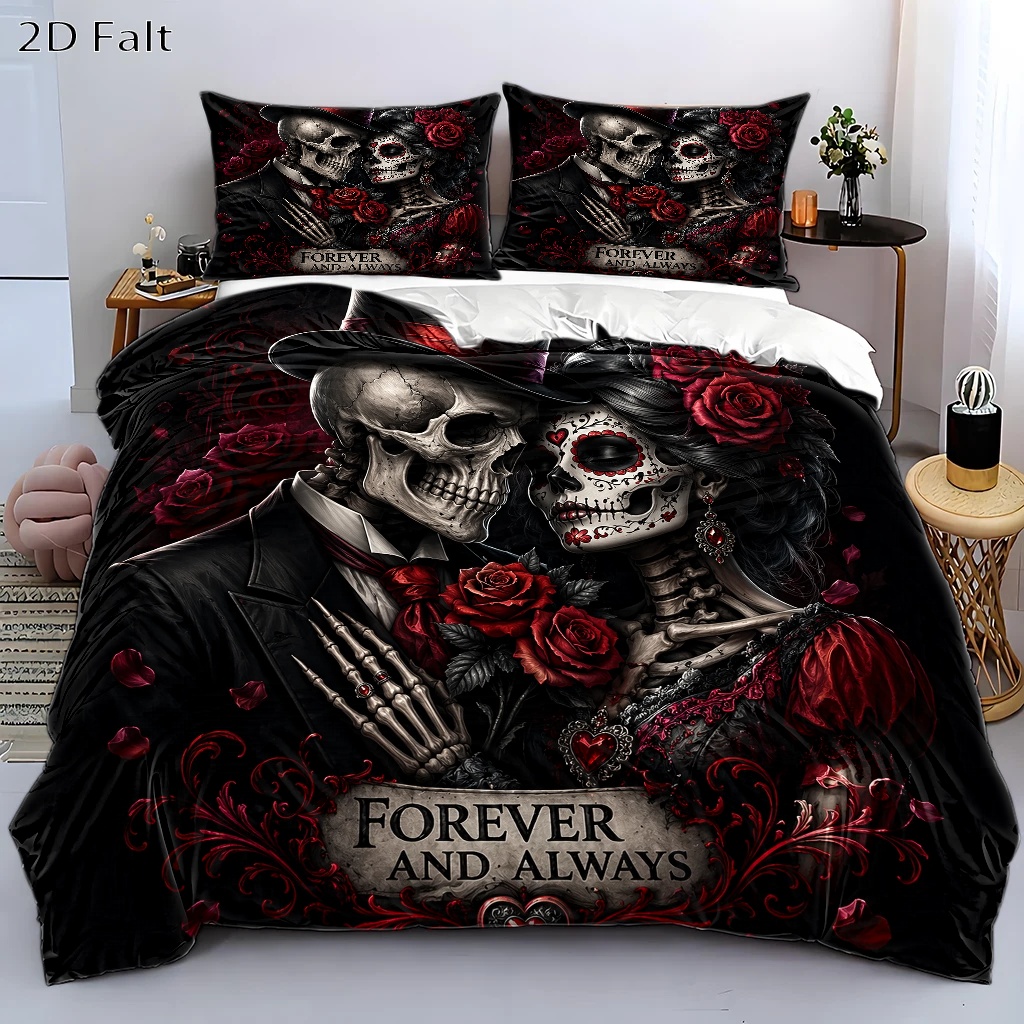 TEMU 3pcs Couple Rose Dark Style Duvet Cover Set, Bedding 3pcs Set (1*duvet Cover   2*pillowcases), Suitable For , Machine Washable, Hidden Zipper