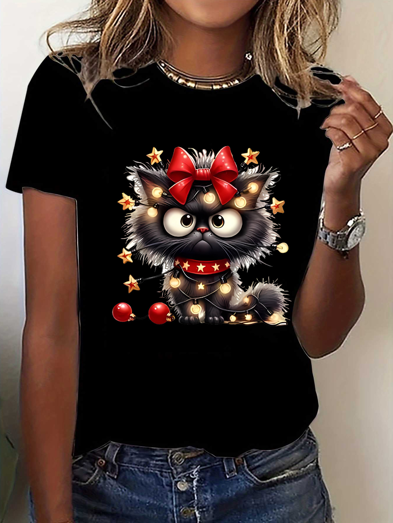 Décontracté Nouveau Harajuku Femme T-Shirts Femmes été à Manches Courtes Numérique 3D Chat Noir