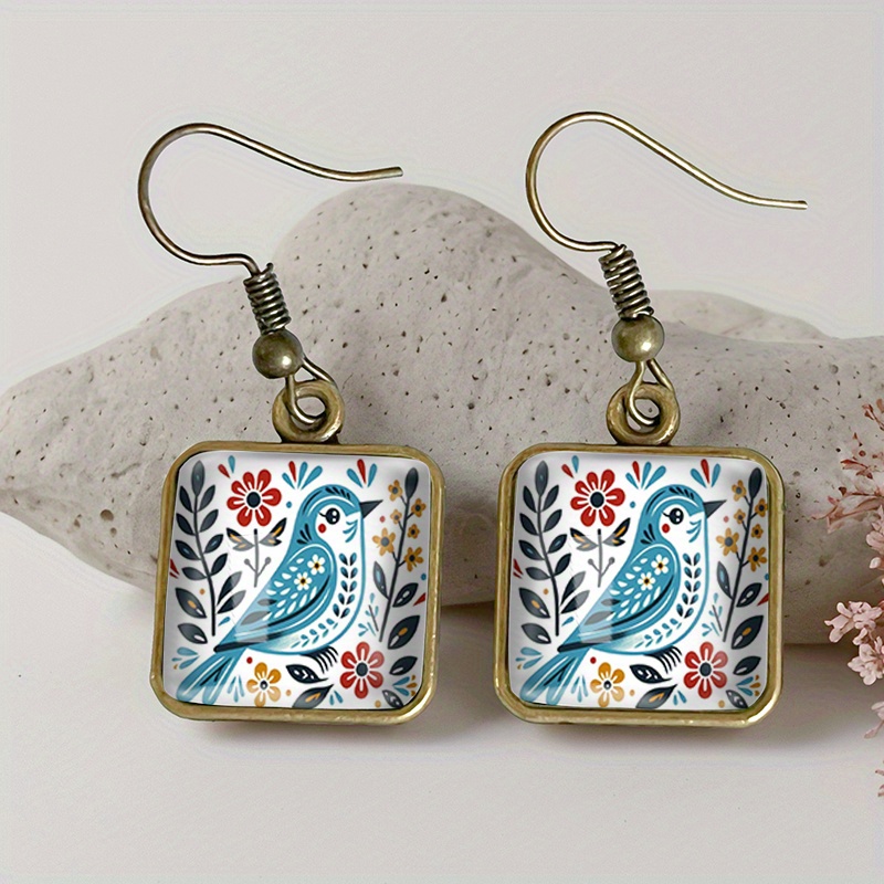 E-shop 1 Paar quadratische Ohrringe mit Vogel-Illustration, Retro-Glas-Langohrringe, handgefertigter Schmuck, Geschenk