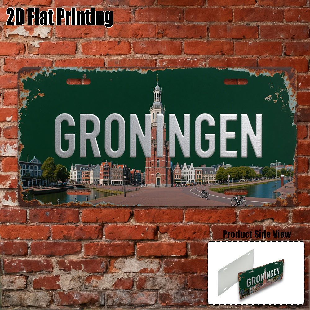 TEMU 2d Flat Printed Aluminum, 1pc, Vintage Sign For Decorative Purposes , Outdoor Plaque & Wall Decor (29.97 Cm X 14.99 Cm), Groningen Sign, Decor
