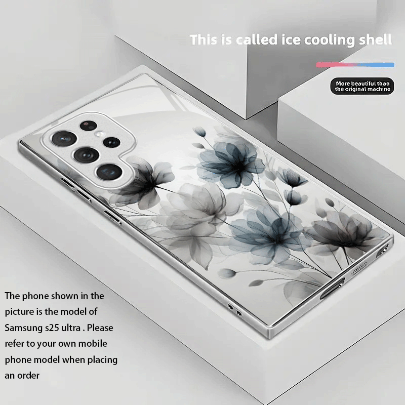 TEMU Phone Case - New Retro Minimalist Ink Wash Painting Lotus Phone Case With Electroplated Silver For Galaxy S25 Ultra, S25 Plus, S25, S24 Ultra,