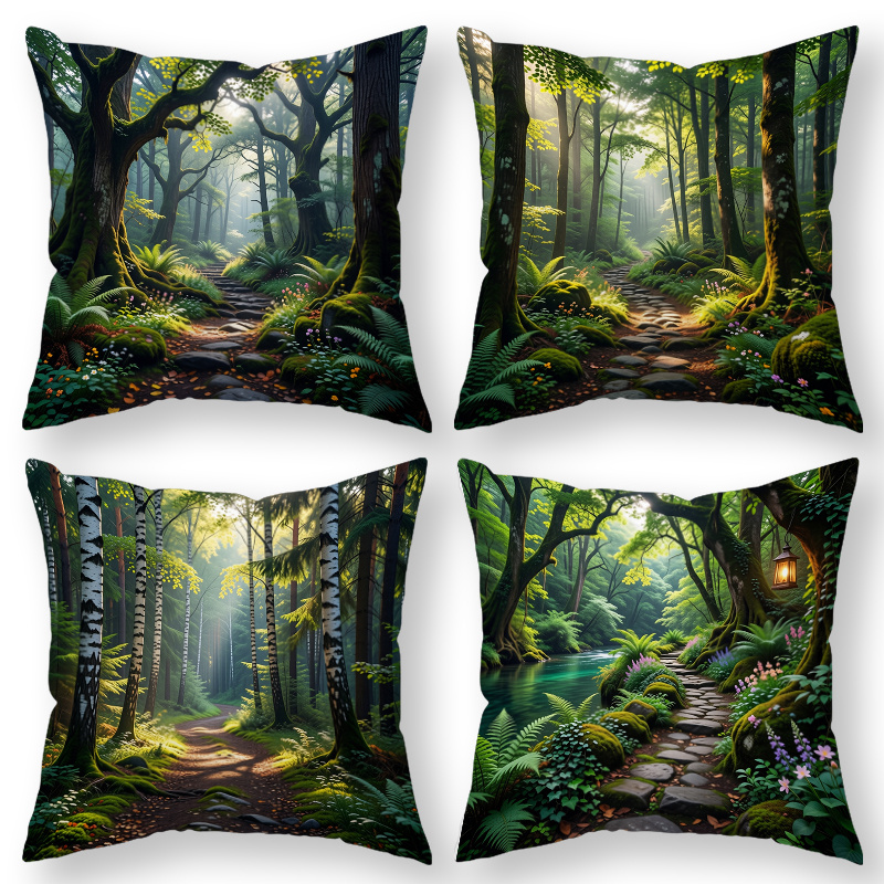 TEMU 4pcs Nature - Inspired Throw Pillow Covers, Decorative Cushion Cases, Forest Path & Lantern With Sunlight Beam, Green - . Versatile Pillow Shams