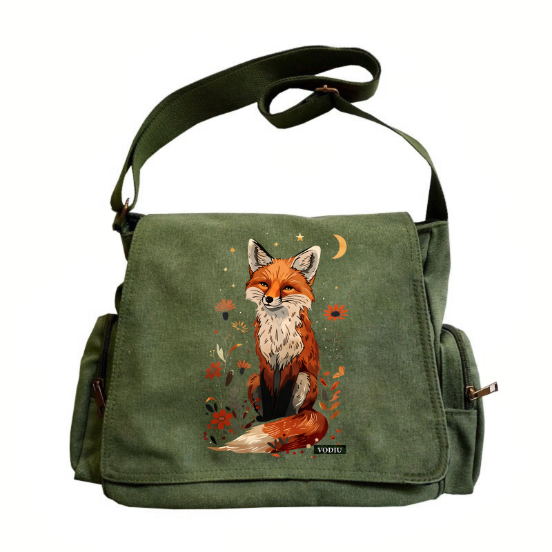 E-shop Schultertasche mit Klappe großem Fassungsvermögen, Vintage-Tragetasche, Umhängetasche Messenger-Bag, Waldmotiv mit Fuchs