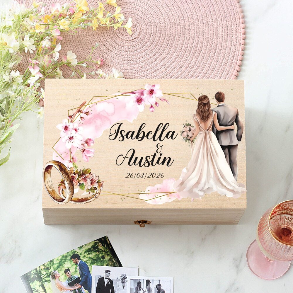 TEMU 1pc Custom-made Wedding Commemorative Solid Wood Storage Box, Watercolor Style Couple Silhouette/group Photo, Wedding Ring And Floral Wreath