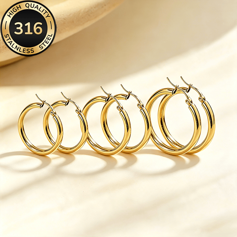 TEMU Juego de 3 de aretes de aro lisos dorados de acero inoxidable de calidad, juego de joyería para mujer, adiciones elegantes para mujer, joyería