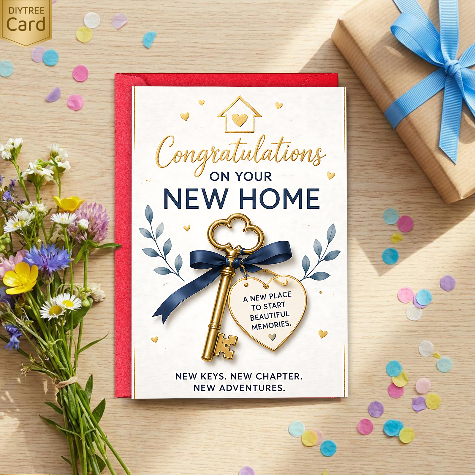 TEMU 1pc Greeting Card And 1pc Envelope. 2d Flat Congratulations Card - Key "congratulations On Your " Blue Golden Moving Card, Symbolizing Of A ,