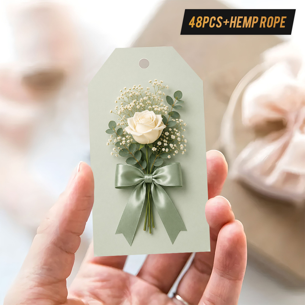 TEMU 48 étiquettes cadeaux sur le thème des fleurs avec corde de , crème, eucalyptus et nœud en satin vert sauge, motif , pour emballer des cadeaux