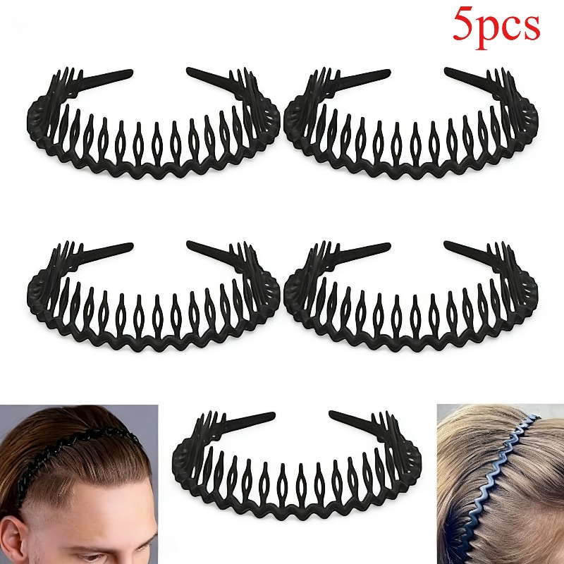 Image of 5pcs Black Wavy Toothed Headbands, Unisex Anti-slip Hair Accessories, Simple And Versatile Headbands For Face Washing, Styling Tool For Slickback And Pompadour Hairstyles