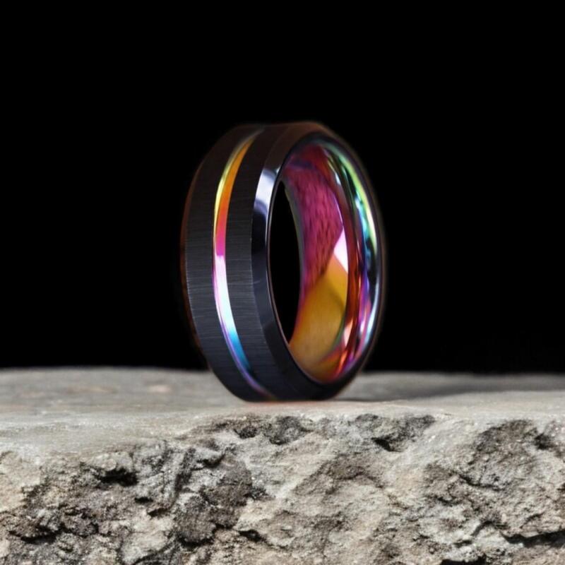 Men's Rainbow Tungsten Ring with Black Brushed Finish
