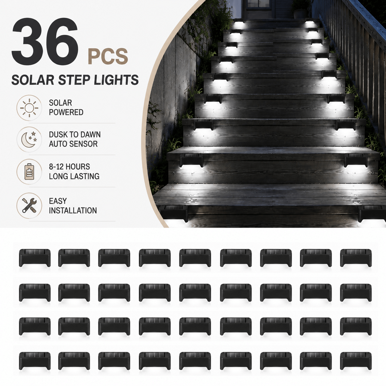 TEMU 36 pièces - Lampes solaires pour marches, Lampes solaires pour terrasse, Disponibles en lots de 18 ou 4 pièces, Convient pour escaliers