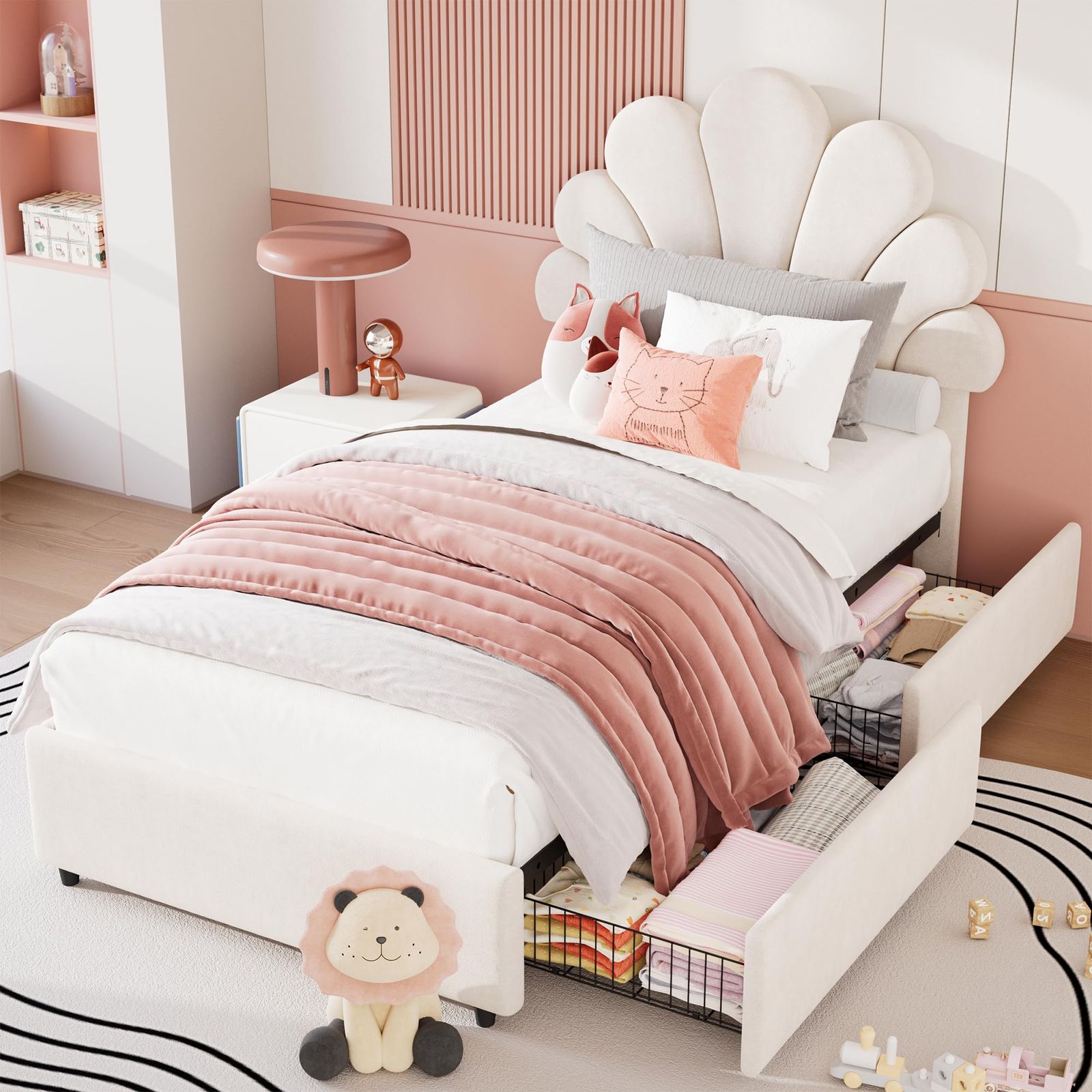 Twin Size Bed Frame Suitable for Kids Girls Boys - Upholstered Princess Platform Bed with Headboard & 2 Storage Drawers, Solid Wood Slat Support, No Box Spring Needed, Easy Assembly, Modern Minimalist Furniture for Boys and Girls
