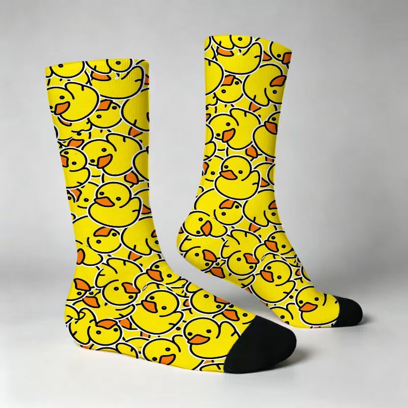 TEMU Whimsical Yellow Rubber Duck Print Knee High Socks, Vibrant Cartoon Ducky Pattern Crew Socks With Solid Black Toe And Heel, Soft Breathable Fun
