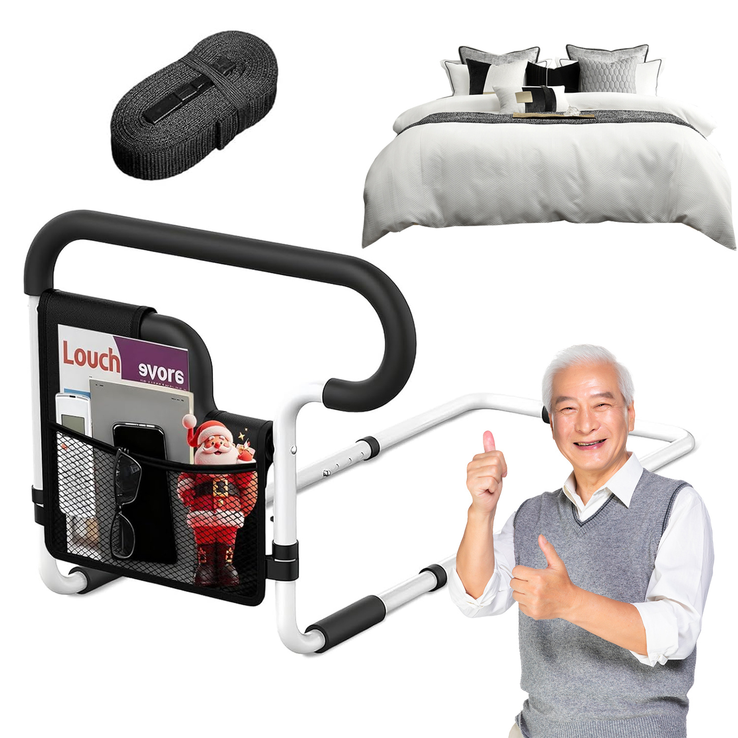 Image of Adjustable Bed Heavy Duty, Supports 136kg, Includes Storage Bags And Fixing Strap, Perfect For Anyone Needing Night And Day Bedside Safety, Enhances And Mobility