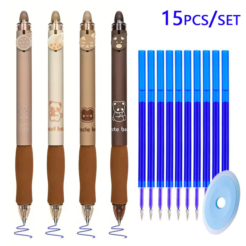 Image of 15pcs Cute Bear Erasable Pens, Kawaii Pens, 0.5mm Black/blue Ink Erasable Pens, Student School Office Stationery Supplies (4pcs Pens And 10pcs Refills And 1pc Eraser)