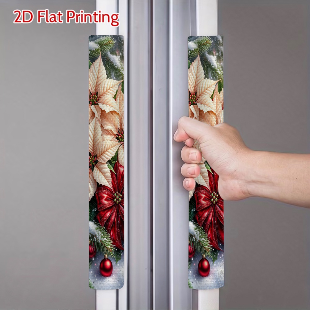 TEMU 2d Flat Christmas Red And Golden Poinsettia Printed Refrigerator Door Handle Cover, Refrigerator Handle Not Included, Soft Fabric, Removable And