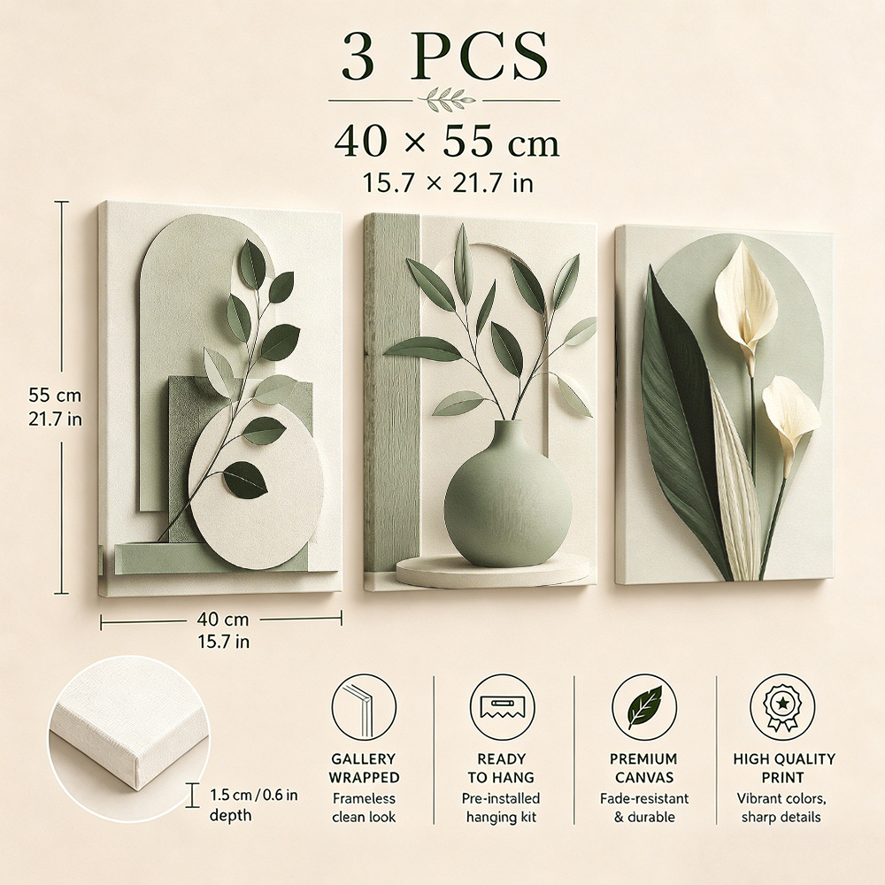 TEMU Plat 2D, 3 pièces d'art mural vertical de plantes vert Morandi -, moderne et minimaliste, convient pour la décoration du salon, de , à manger -