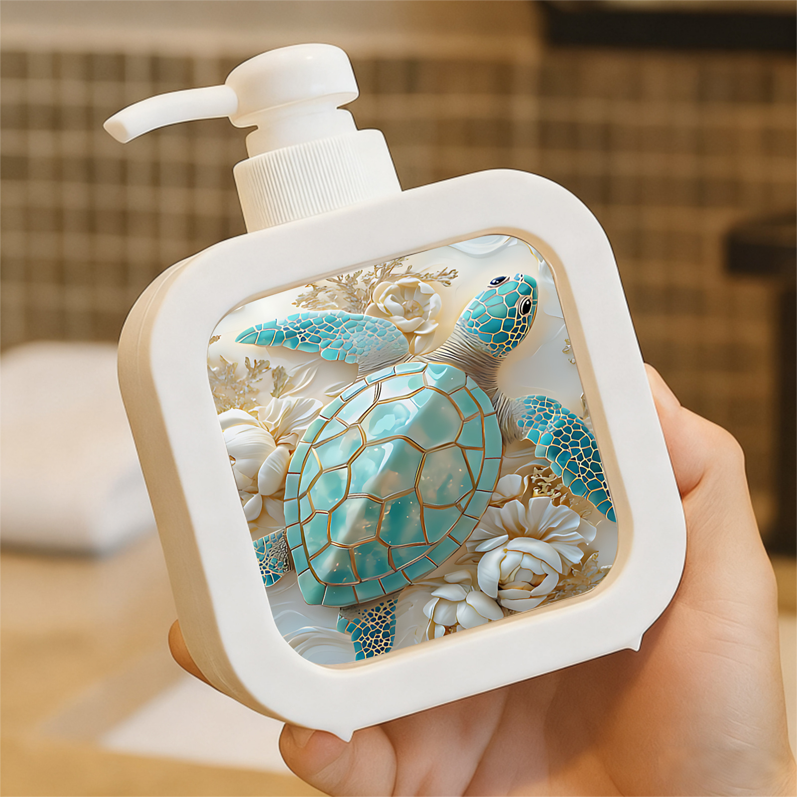 TEMU Distributeur de savon à pompe manuelle Tortue de mer turquoise et dorée - Souffleur de salle de bain en mosaïque de plastique adapté pour savon,