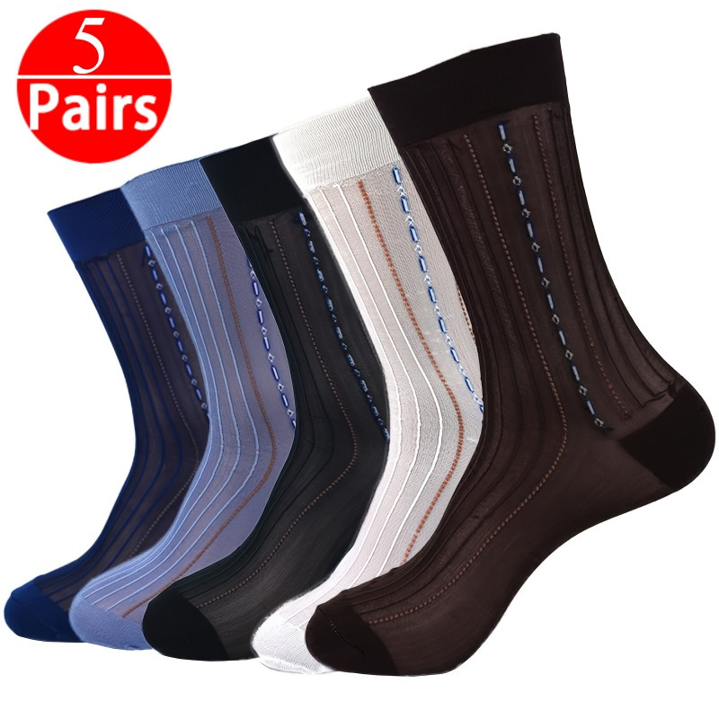 

5pcs Men'-thin Breathable Socks - Fit For Casual And Business Wear, Solid Color, Polyester And Spandex , Machine Washable, Polyester And Spandex