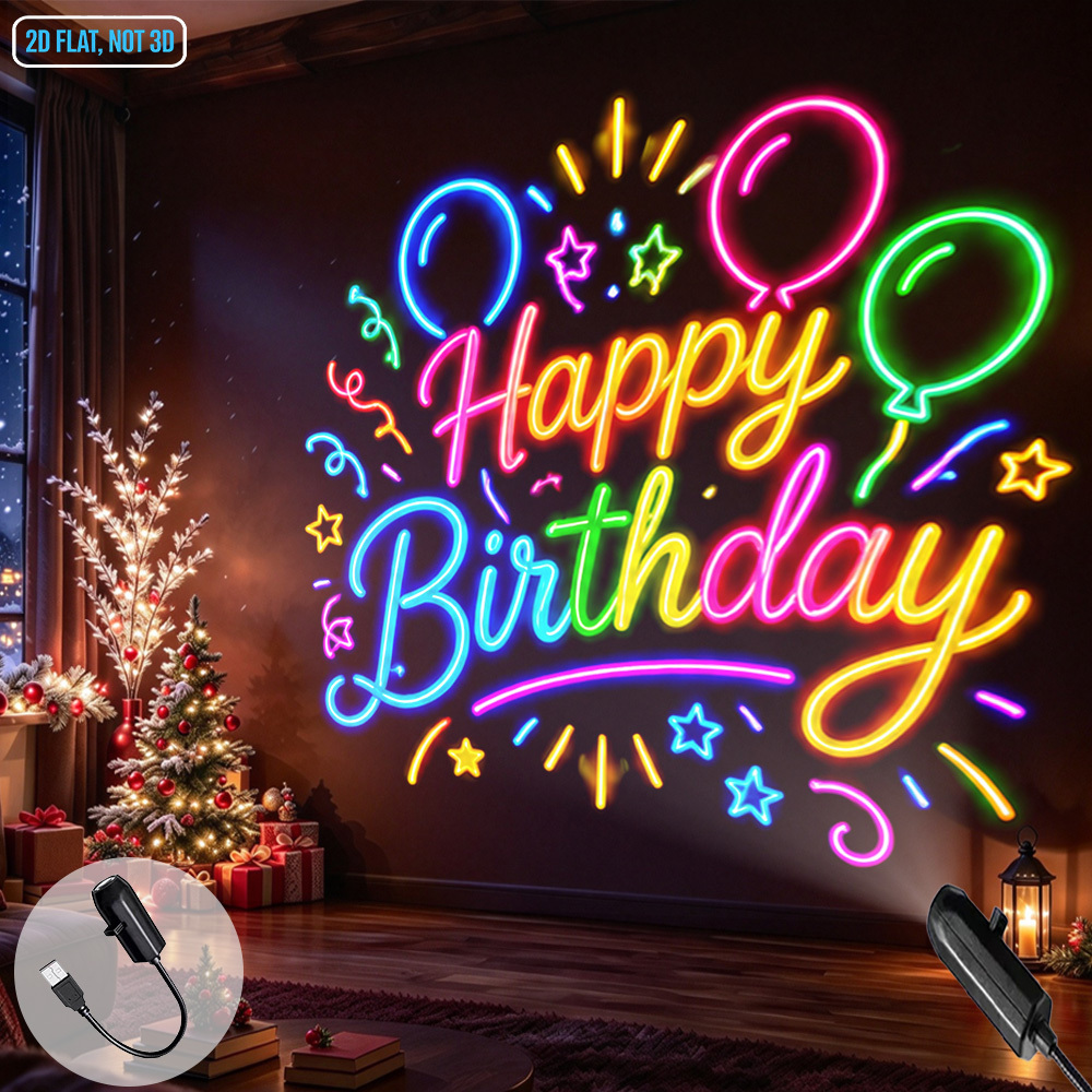 TEMU Veilleuse projecteur LED portable alimentée par USB avec lettres ballon néon et lampe de projection " Anniversaire", convient pour décoration de