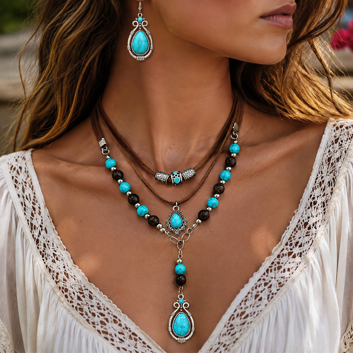 TEMU Juego de 3 piezas de collar multicapa vintage y aretes para mujer, cadena cervical con colgante de estilo , aretes colgantes de sintética para