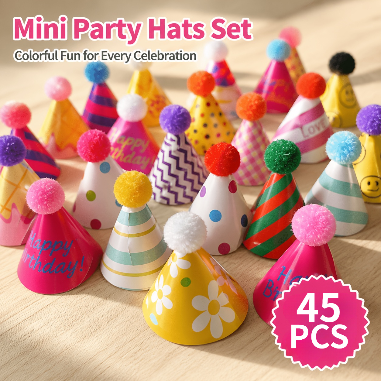 TEMU Ensemble de 45 mini chapeaux de fête - Chapeaux cônes de couleurs mélangées aléatoirement avec pompons, utilisés pour la décoration de fête et