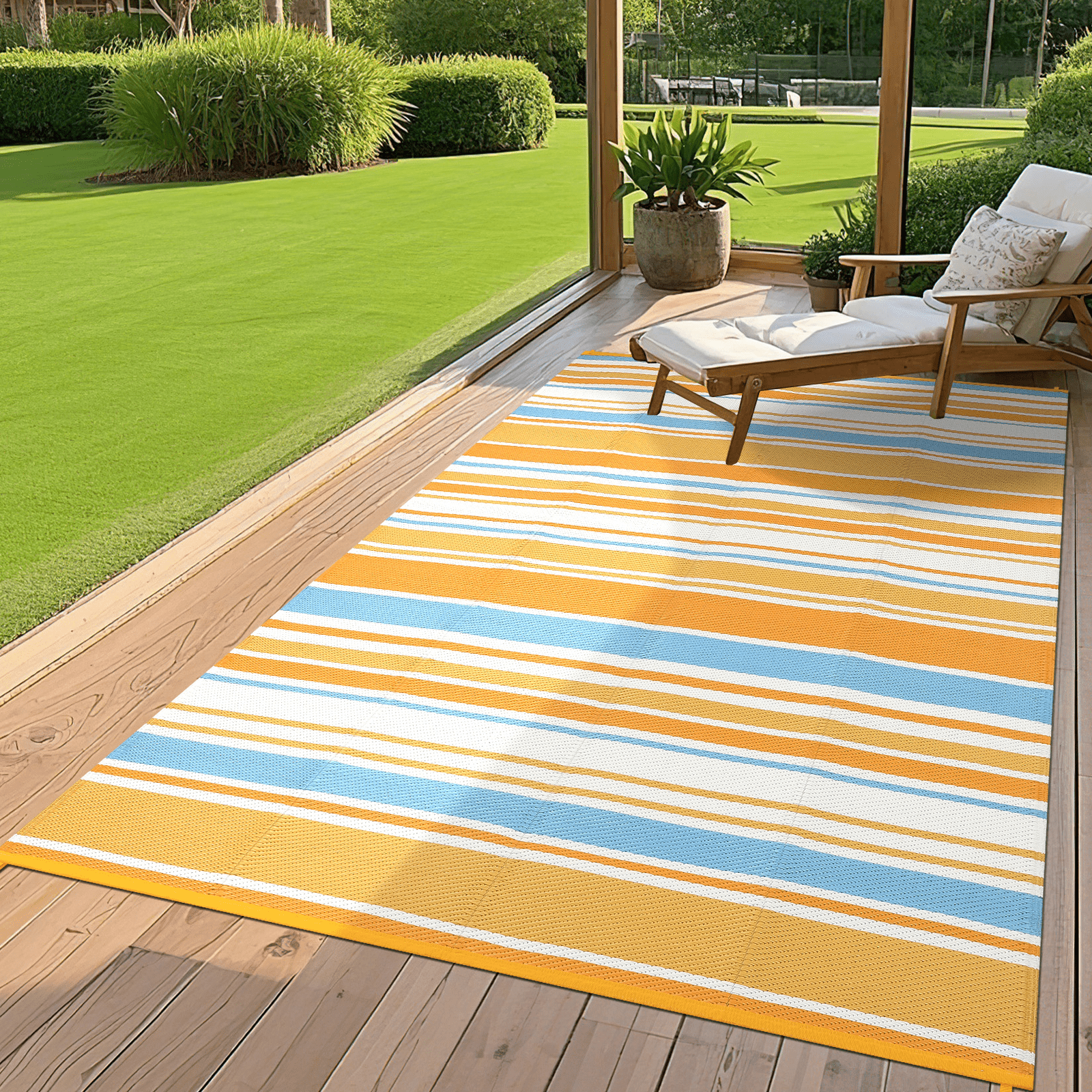 Image of Linear Geometric Reversible Outdoor Area Mat, Lightweight Portable Floor Mat For Patio, Porch, Deck, Balcony, Rv, Beach, Camping And Picnic