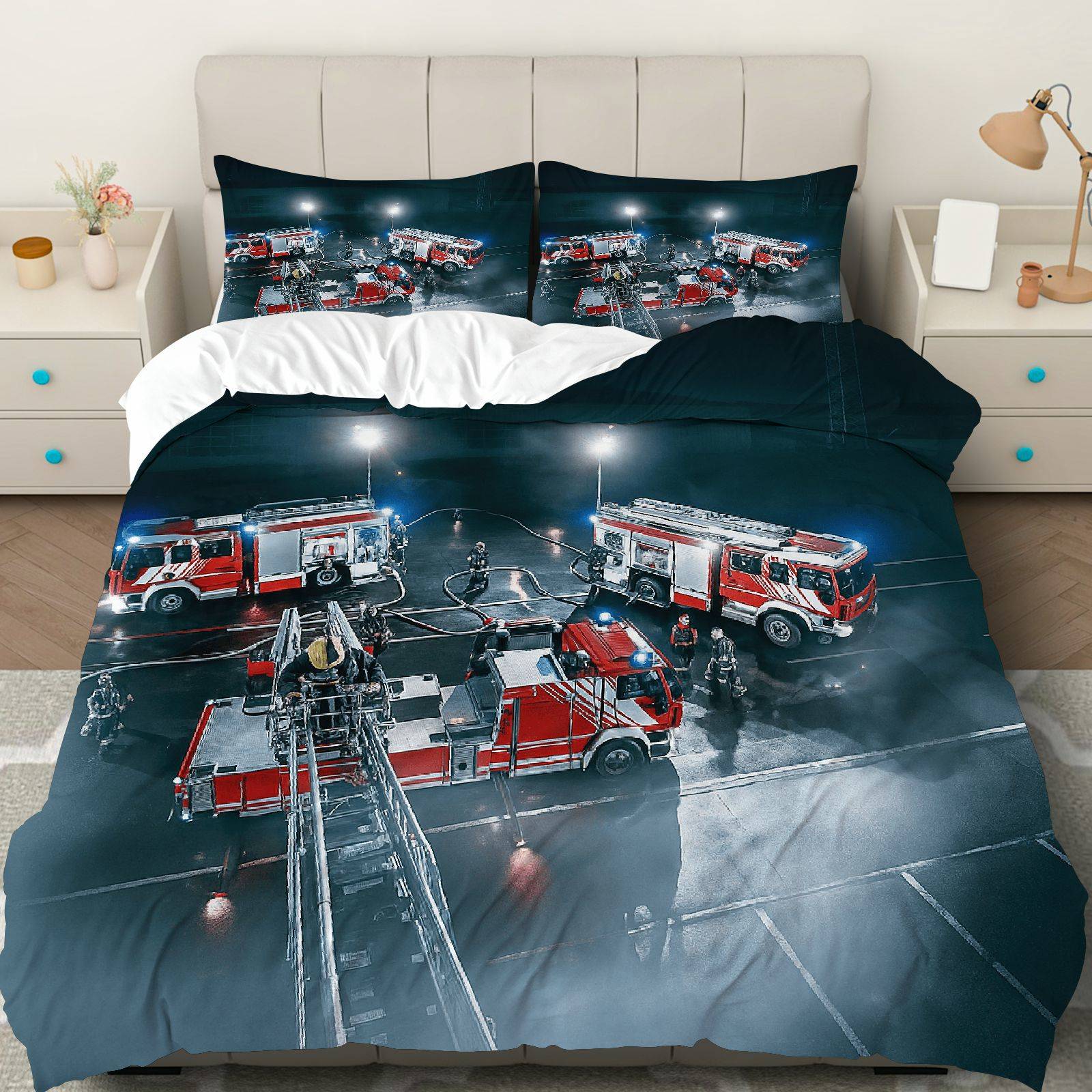 TEMU 3pcs Duvet Cover Set, 1 Duvet 2 Pillowcases( Without Filler), Firefighters Fire Trucks Rescue Emergency Theme, Christmas Bedding Set, Cozy