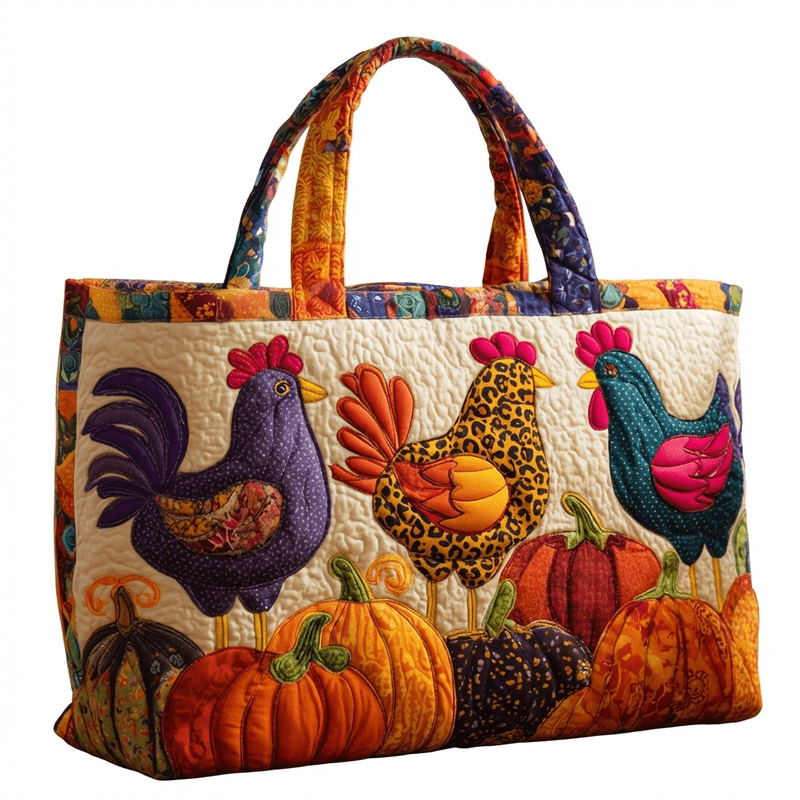 TEMU 1pc Fall Rooster Pumpkin Quilted Tote Bag, 3d Print Shoulder Bag, Large Capacity Reusable Harvest Shopper, Farmhouse Thanksgiving Handbag For