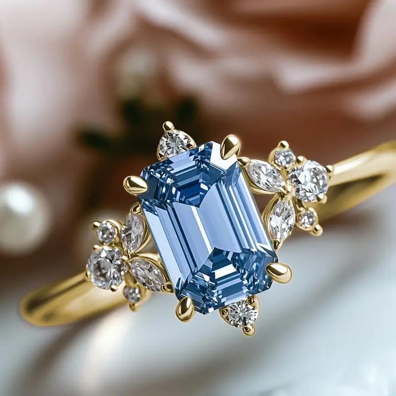 E-shop Klassischer 4-Klauen Einfassung Blaue Zirkonia Verlobungsring Exquisiter Zirkonia Blumenring für Frauen Täglicher Hochzeitsring Schmuck