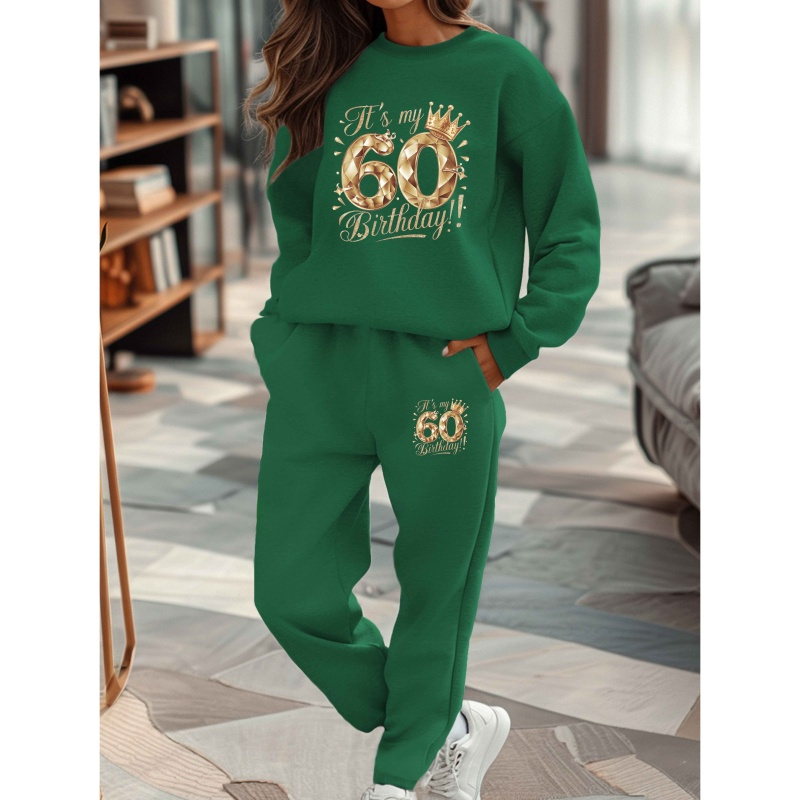 

1 Set Women's 60th Birthday Casual Crew Neck Sweatshirt And Sweatpants, Geometric Pattern Knit Polyester, Fall/winter Lounge Set