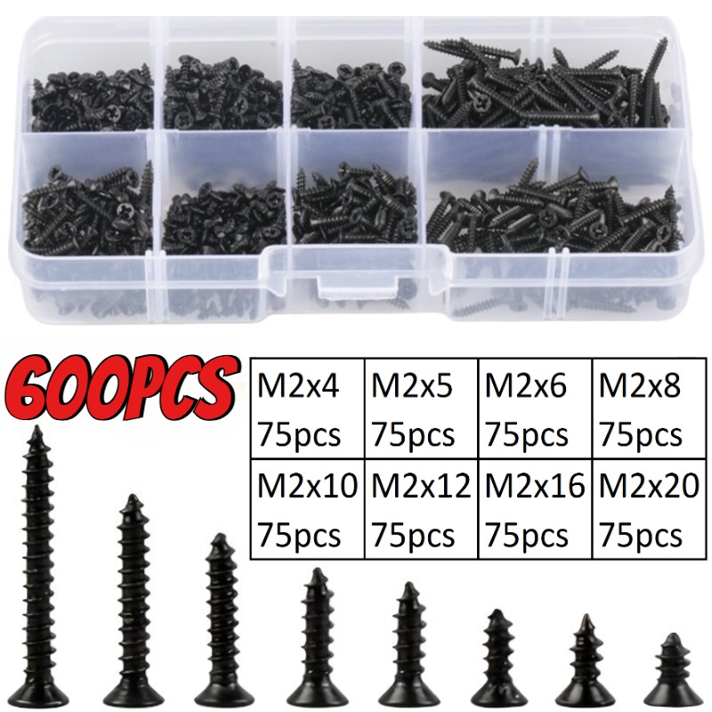 TEMU 600pcs M2 Self-tapping Screw Set Carbon Steel Cross For Wood Restoration Appliance Assembly With Storage Box254