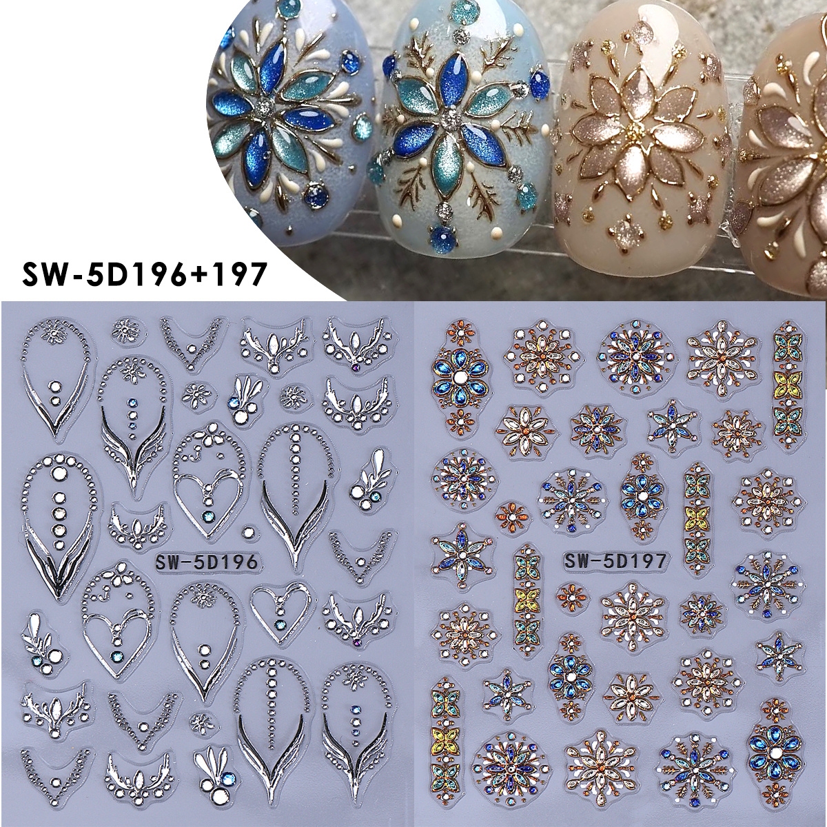 Image of 2 Sheet Luxury Gems 5d Embossed Nail Stickers Snowflakes Heart Adhesive Decals Winter Jewelry Design Charms Textured Sliders Retro Classic Manicure Foils Wraps Decor