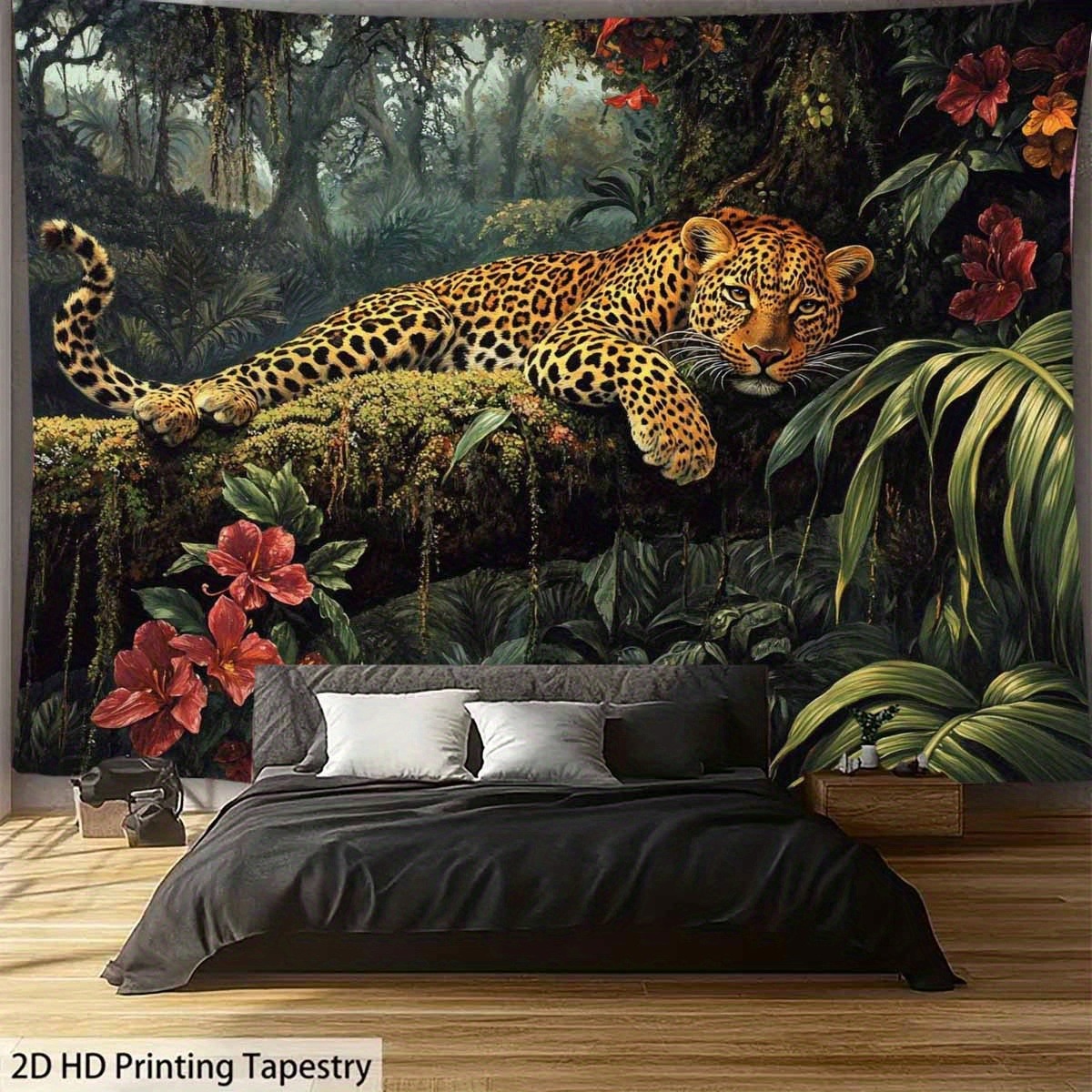1pc Gran Tapiz de Leopardo en la Selva Tropical - Decoración de Pared de Jungla con Leopardo Realista y Flora, Póster de Hábitat de Vida Silvestre Impreso en HD para Sala, Dormitorio, Decoración de Fiestas - No Necesita Electricidad - Regalo Perfecto para Amantes de la Naturaleza, Decoración de