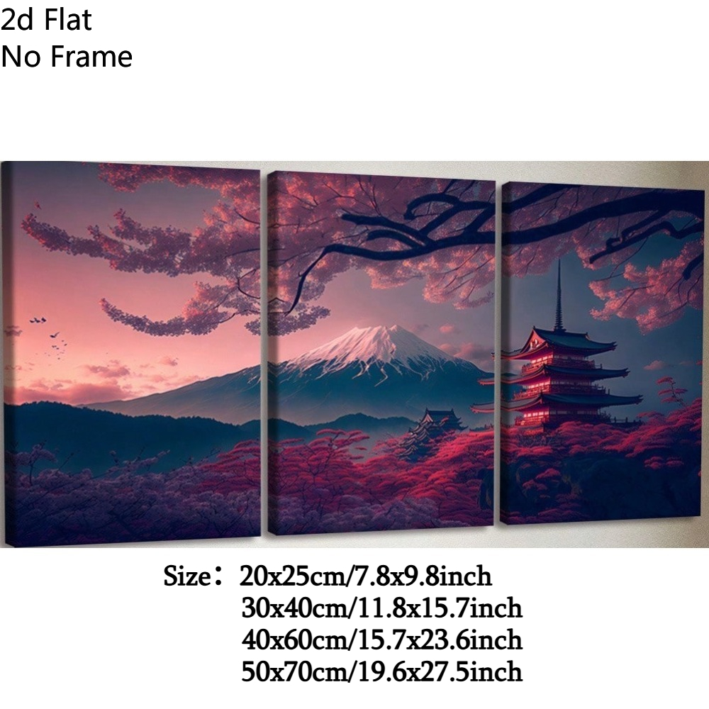 TEMU 2d Flat, 2d Flat, 3pcs Frameless 2d Flat Landscape And Pagoda, Fantasy Decorative Canvas, Modern Art Wall Decor, Perfect Room Decoration,