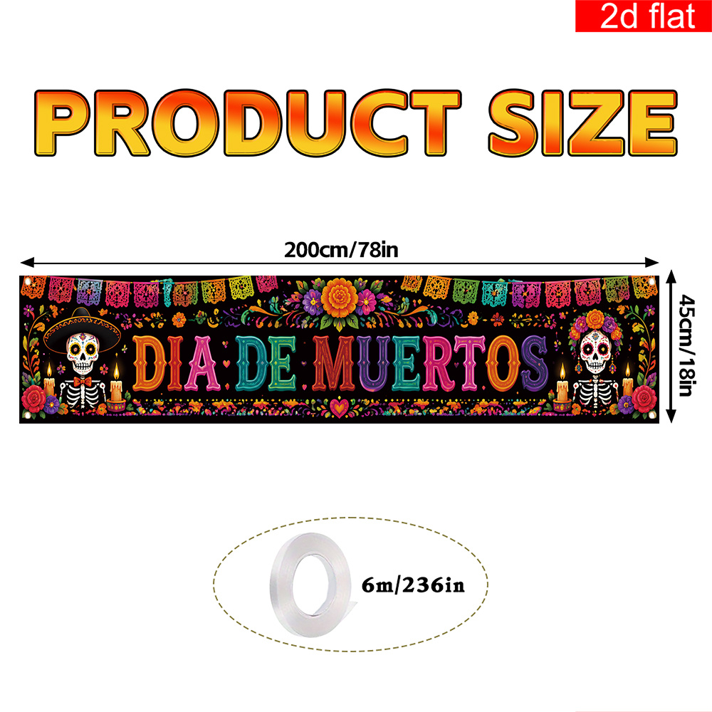 TEMU Plat 2D, Bannière Plate 2D, 1 pièce, Bannière de Fête pour Patio sur le Thème du Jour des Morts Mexicain, Panneau de Patio avec Chapeau à Large