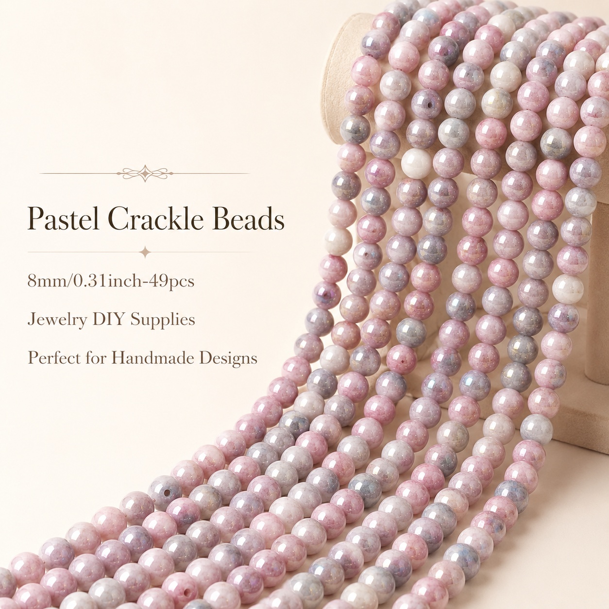 TEMU 49pcs Iridescent Crackle Glass Beads With Holes, 8mm Standard Round Loose Beads, Suitable For Diy Bracelets, Necklaces, Earrings, Decorations,