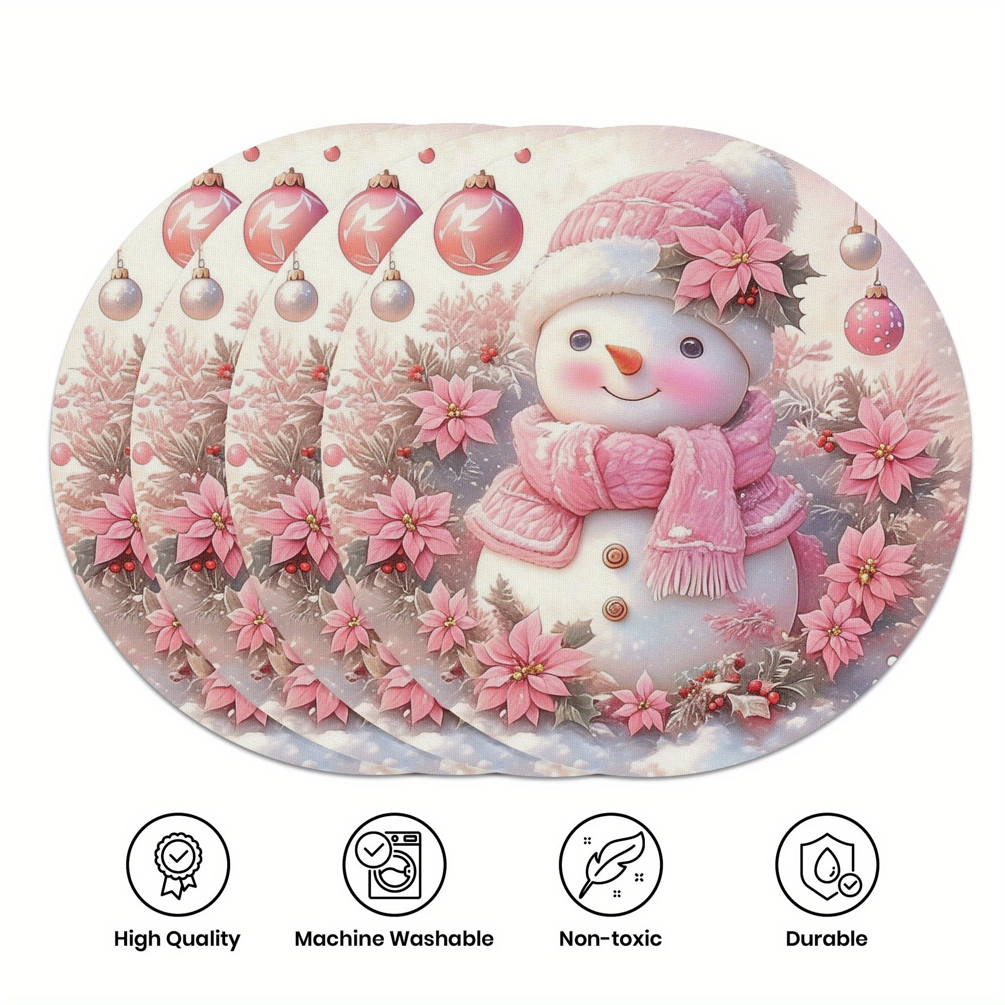 item picture 4pcs set 2d flat festive polyester round placemats featuring a pink christmas snowman and christmas   suitable for home kitchen banquet and holiday dining decoration 2d flat