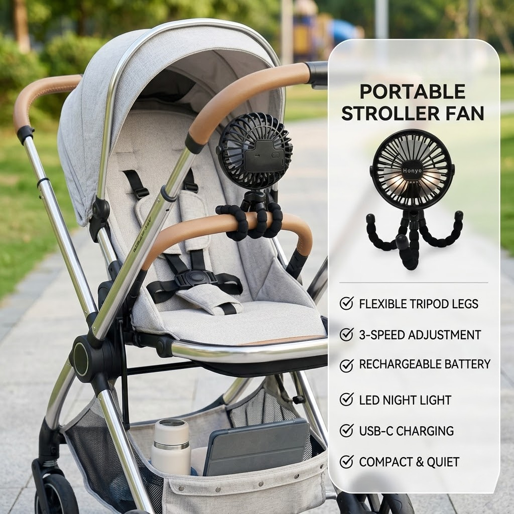 * with Flexible Tripod, Portable Rechargeable Battery Operated Mini Fan *  On Cooling Air Circulator for Car Seat, Travel, Desk * Gift